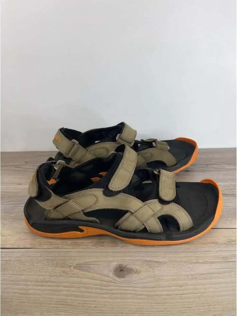 Crocs Mens Size 13 Outdoor Hiking Water Sandals Olive Green Orange Straps